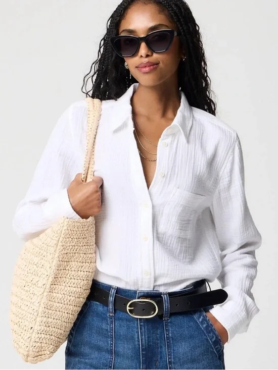 J. Crew White Cotton Gauze Button-Down Shirt with Chest Pocket - Picture 1 of 3